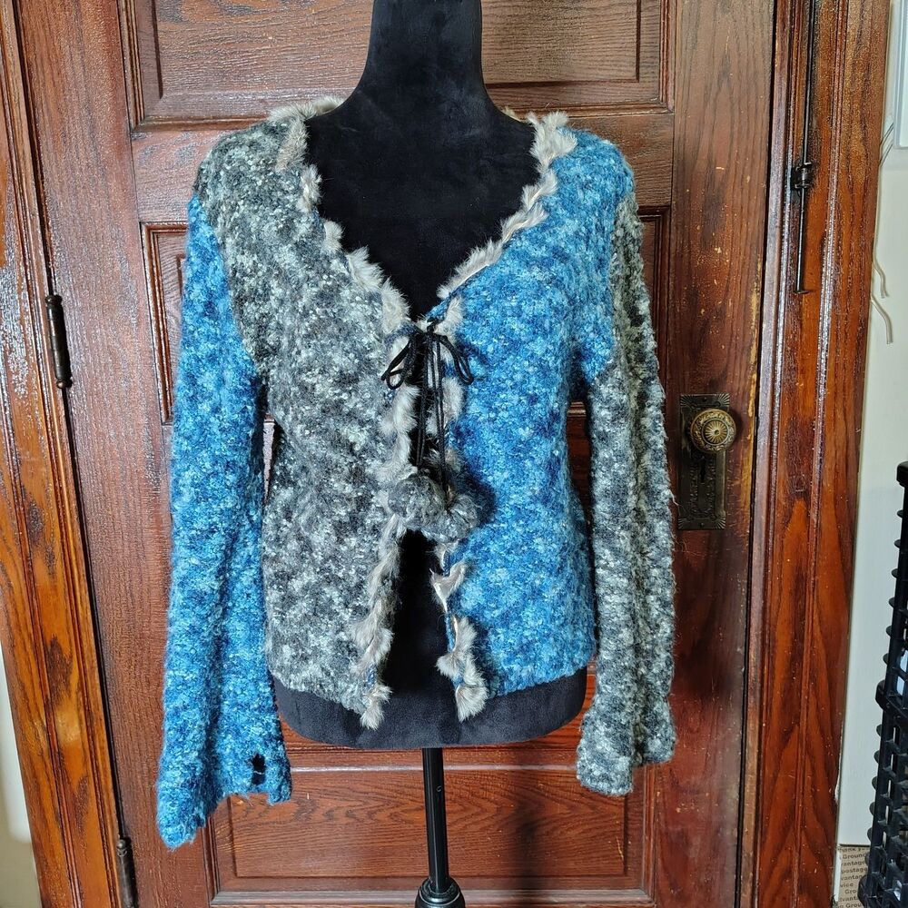 VTG Made In Italy Wool Mix Tie Cardigan W Rabbit Fur Trim Wmns XL